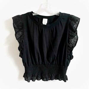 Joie Smocked Top black eyelet ruffle flutter sleeves cropped